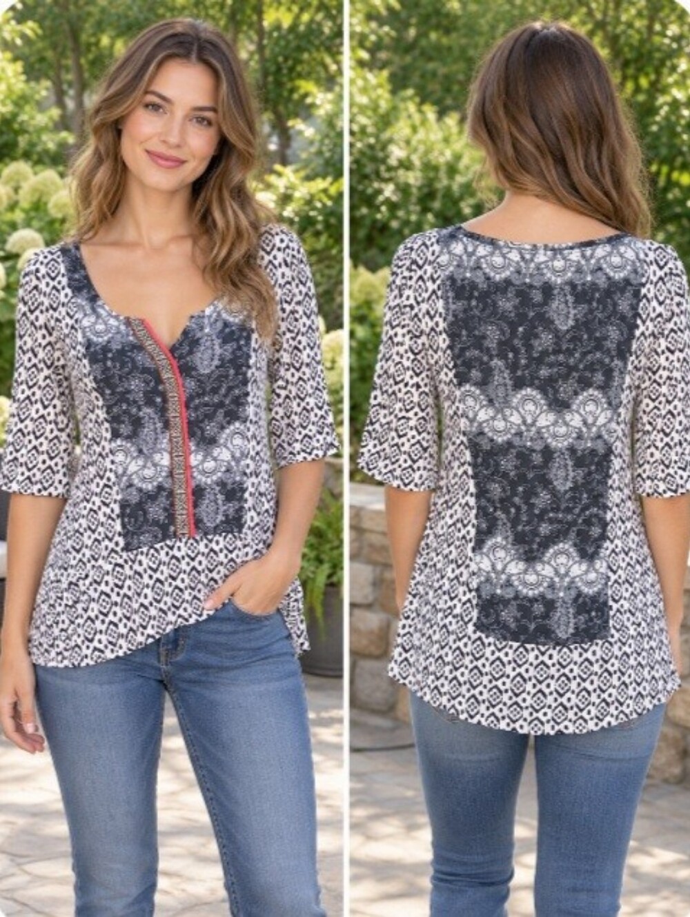 Akemi + Kin Anthropologie Black, White Red Boho Mixed Print Tunic Top Small
